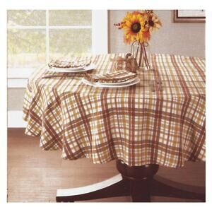 Harvest Plaid Fall Tablecloth 70 inch Round Multi-Color Gold Brown Gray